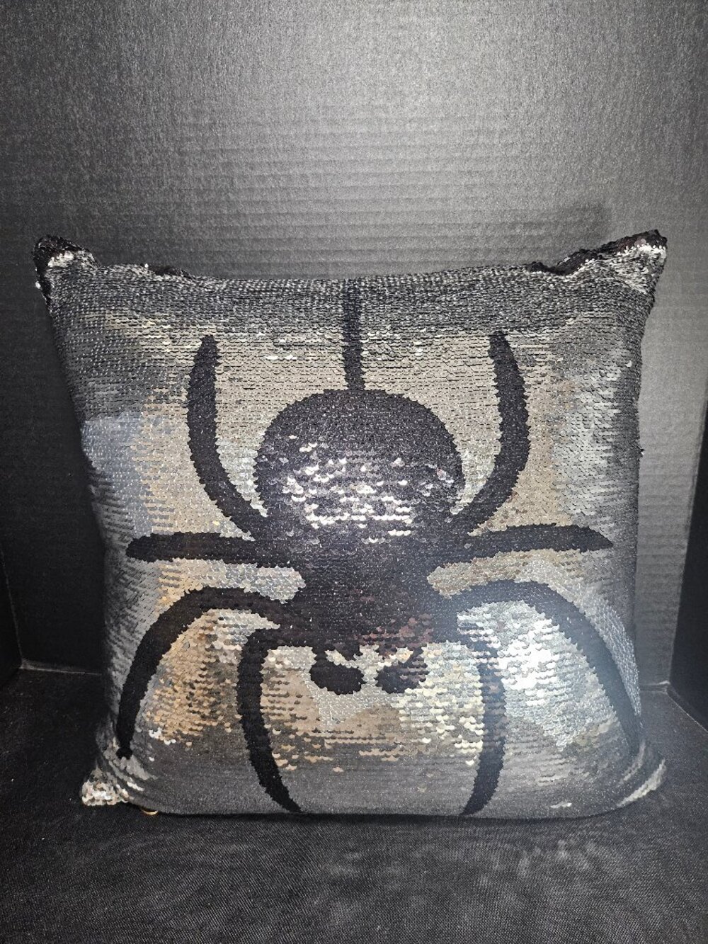 Pier One Imports Silver And Black Reversible Sequin Spider/Bat, Pillow